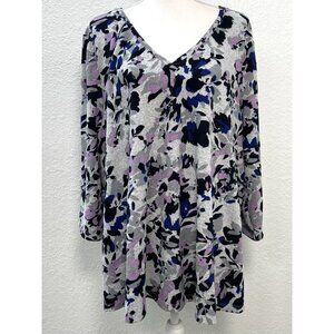 LANE BRYANT Womens Plus 18/20 Gray Purple Floral 3/4-Sleeve SWEATER V-Neck NWT